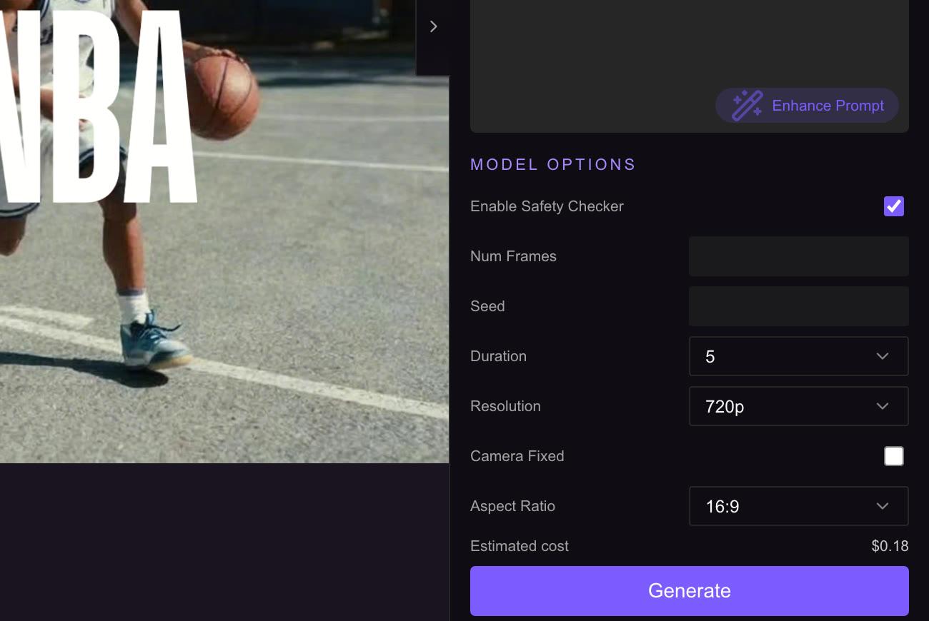 The generate panel beside the preview: model options built from the model's schema — safety checker, frames, seed, duration, resolution, camera lock, aspect ratio — and an estimated cost of $0.18 above the Generate button