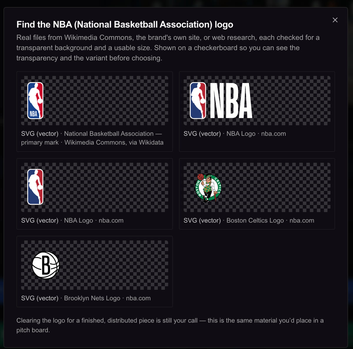 The logo finder dialog: five vector NBA candidates on checkerboards, the first from Wikimedia Commons via Wikidata, the rest from nba.com including two team crests