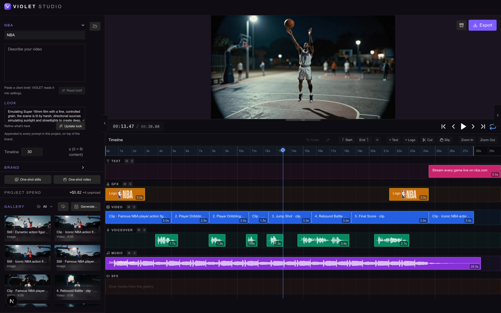 The VIOLET Studio editor with the NBA spec spot open: preview above, six timeline lanes below with real waveforms, the gallery of generated media and the project settings on the left