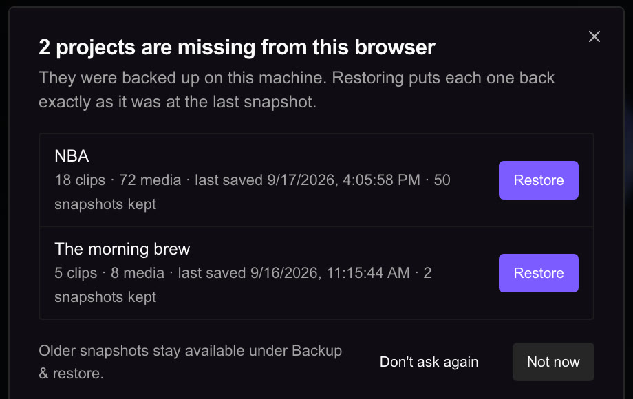 A dialog at boot: two projects are missing from this browser, NBA with 18 clips and 72 media, and The morning brew with 5 clips and 8 media, each with a Restore button
