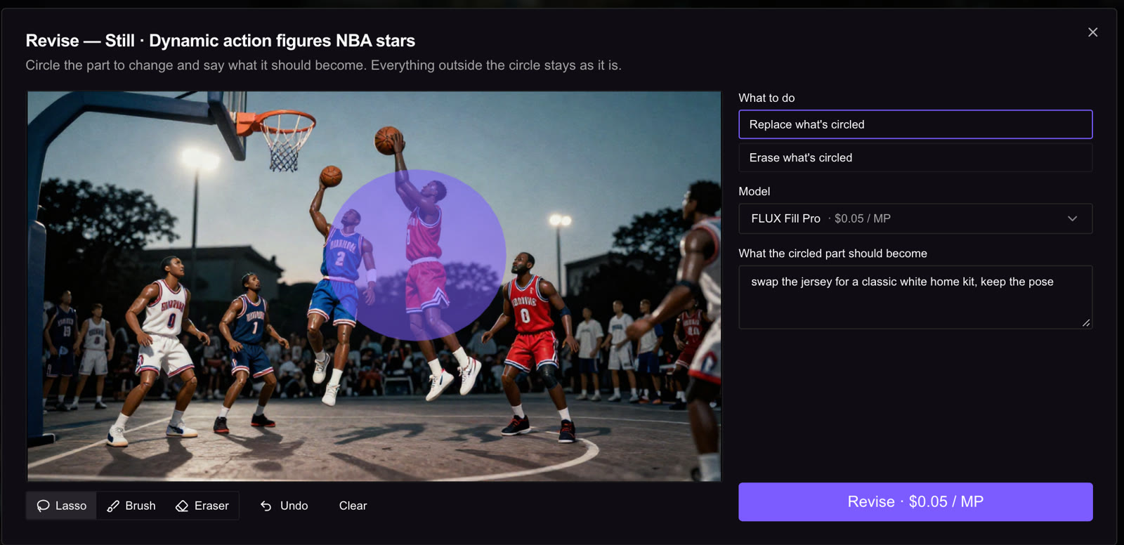 The revise dialog: a lasso drawn around one player in a generated still, the model set to FLUX Fill Pro, and the instruction 'swap the jersey for a classic white home kit, keep the pose'