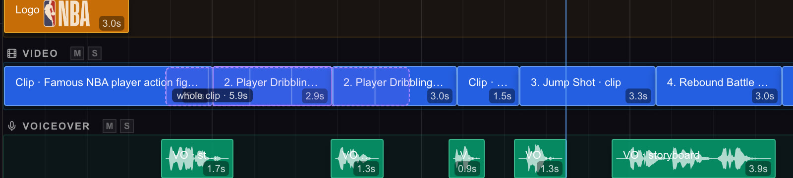 The timeline mid-slip: a dashed ghost of the whole 5.9-second clip drawn behind the trimmed clip being slid, over the voiceover lane's waveforms