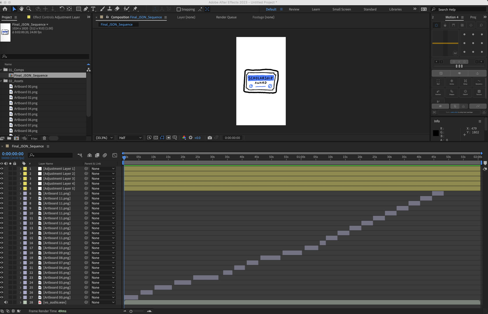 After Effects 2023 with Final_JSON_Sequence open: twenty-eight layers — every artboard placed and timed by the script in a staircase across two minutes, the voiceover underneath, no keyframes