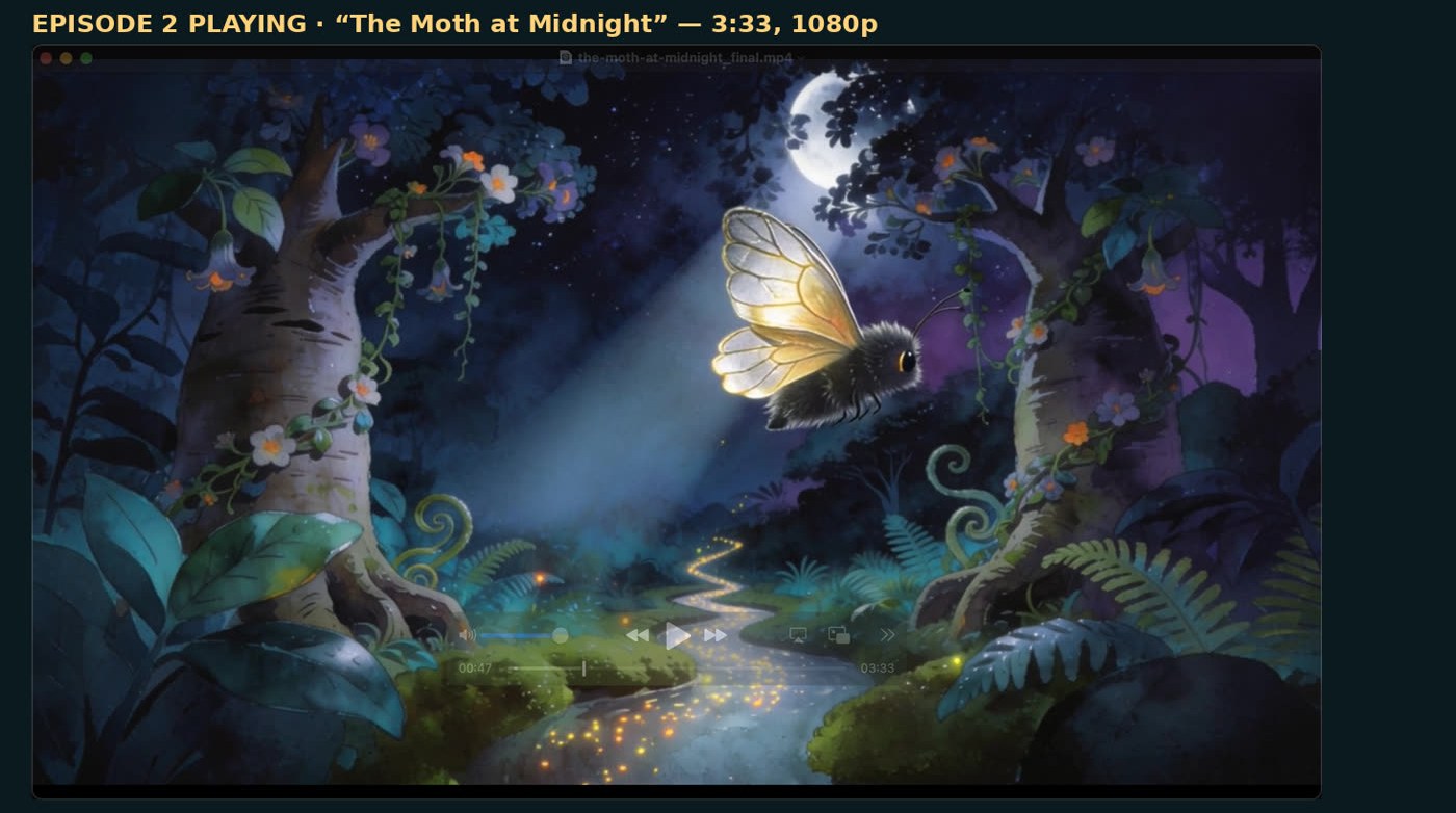 Episode 2, The Moth at Midnight, playing on the production machine.