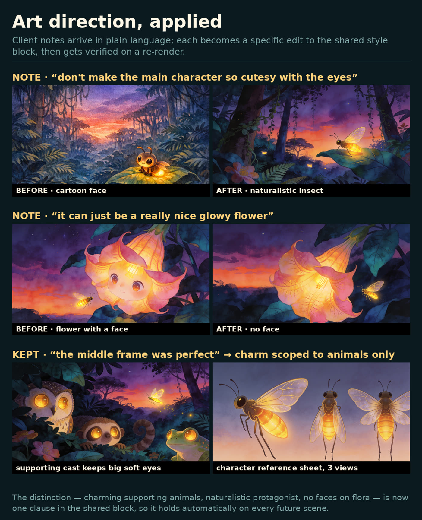 Art direction notes translated into before and after renders, with a character reference sheet.
