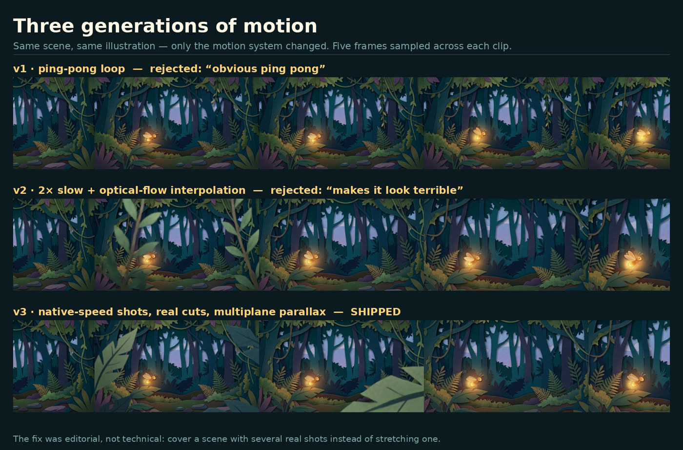 Three motion systems compared: ping-pong looping, time-stretch with optical-flow interpolation, and native-speed shot coverage.