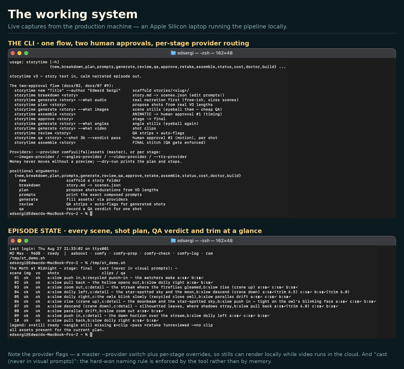 The working system: the CLI, the doctor check and the per-shot status view